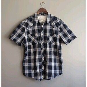 Bullhead Size Large Western Shirt Mens Pearl Snap Cowboy Blue Plaid Short Sleeve